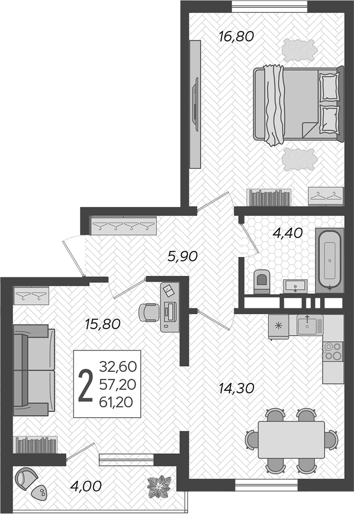 2-комн., 57.2 м², 4/10 этаж, ЖК «Горный квартал»