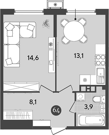 1-комн., 39.7 м², 3/18 этаж, ЖК «Порто-Ново»