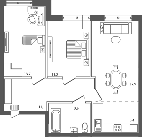 3-комн., 63.1 м², 1/9 этаж, ЖК «Сиреневый бульвар»