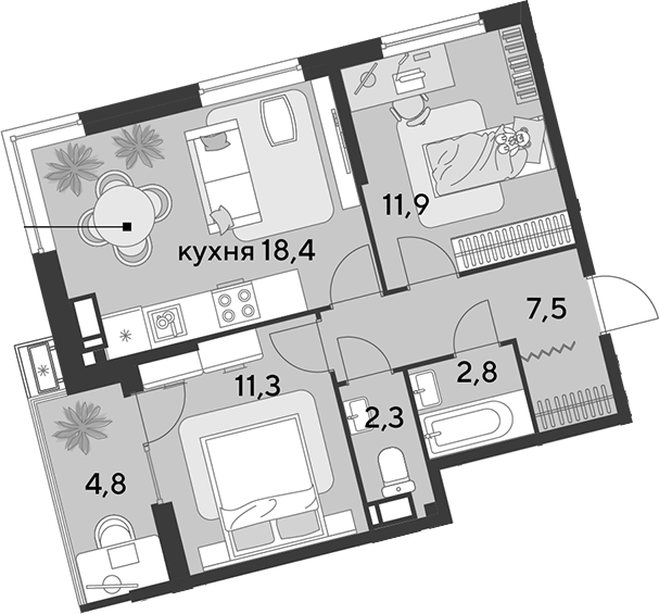 3-комн., 54.2 м², 14/18 этаж, ЖК «Парк Победы»