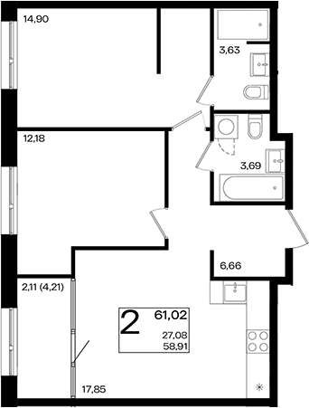 3-комн., 58.91 м², 10/10 этаж, ЖК «Патрики»