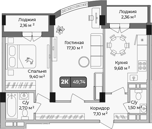 2-комн., 47.48 м², 5/9 этаж, ЖК «Опера»