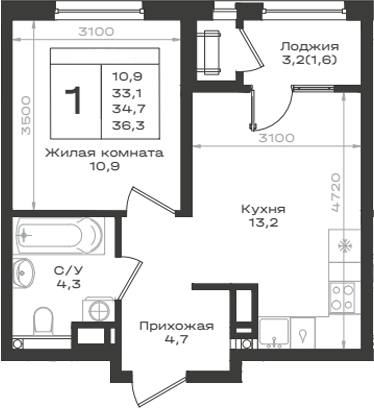 1-комн., 33.1 м², 11/12 этаж, ЖК «Нагория»