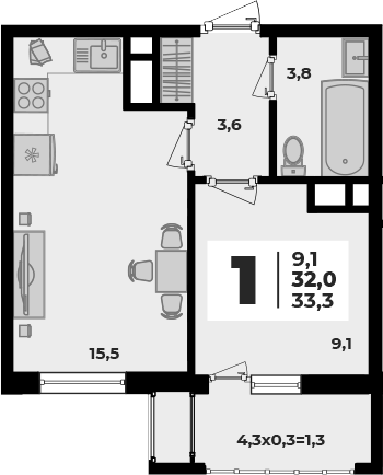 2-комн., 32 м², 1/8 этаж, ЖК «Родной дом 5»