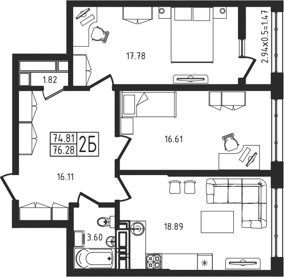 3-комн., 74.81 м², 5/9 этаж, ЖК «Яблоневый»