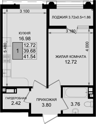 1-комн., 39.68 м², 2/8 этаж, ЖК «Резиденция морей»