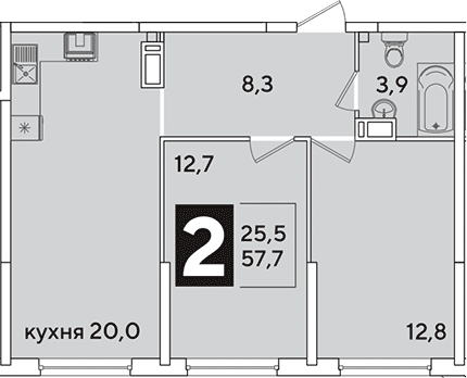 3-комн., 57.7 м², 13/16 этаж, ЖК «Самолет»