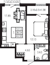 1-комн., 38.59 м², 2/9 этаж, ЖК «Суворов»