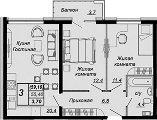 2-комн., 55.4 м², 11/16 этаж, ЖК «Чайные Холмы»