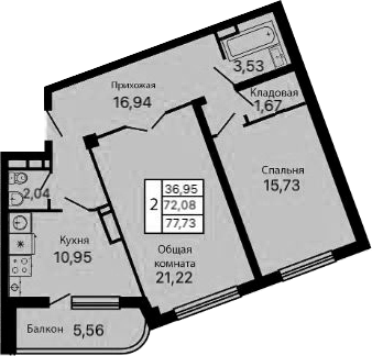 2-комн., 72.17 м², 9/9 этаж, ЖК «Атмосфера»