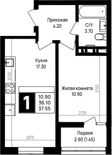 1-комн., 36.1 м², 3/9 этаж, ЖК «На высоком берегу»
