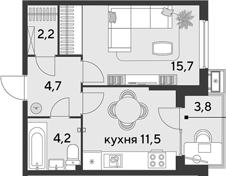 1-комн., 38.3 м², 2/9 этаж, ЖК «Парк Победы»
