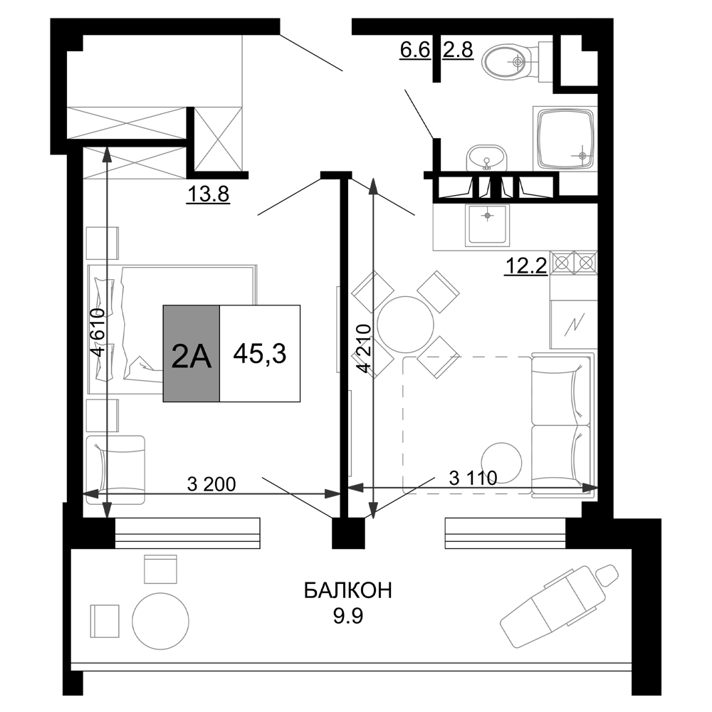 2-комн., 35.4 м², 3/9 этаж, ЖК «Гостиничный комплекс Мореград»