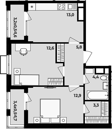 2-комн., 52 м², 13/16 этаж, ЖК «МегаСити»