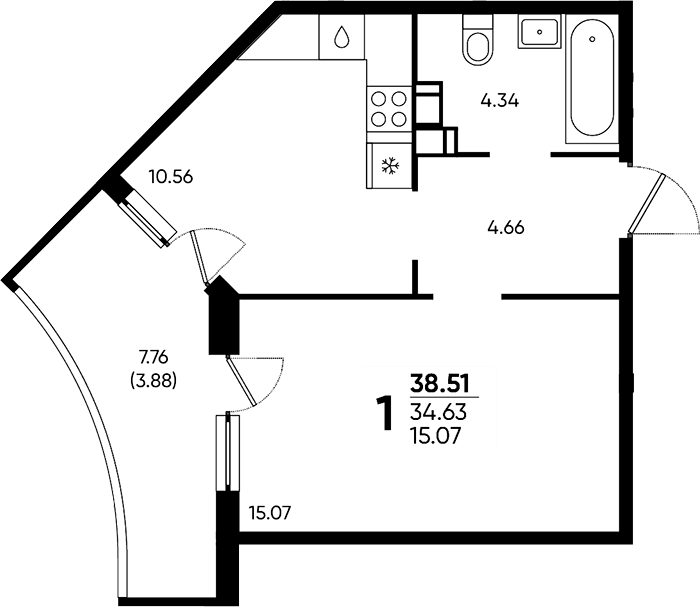 Продается 1-комн. квартира, 34.63 м²