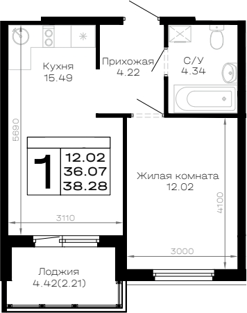 Продается 1-комн. квартира, 36.07 м²