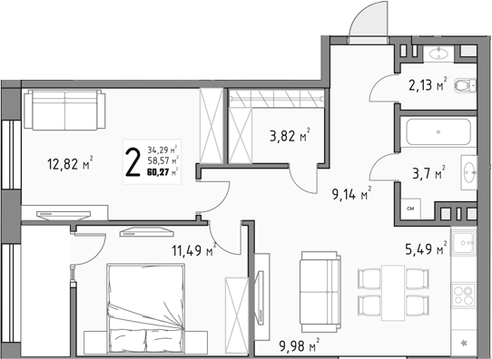 2-комн., 58.57 м², 6/9 этаж, ЖК «Коллекция»