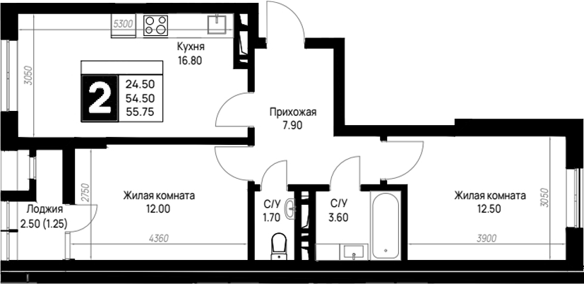 2-комн., 54.5 м², 8/12 этаж, ЖК «На высоком берегу»
