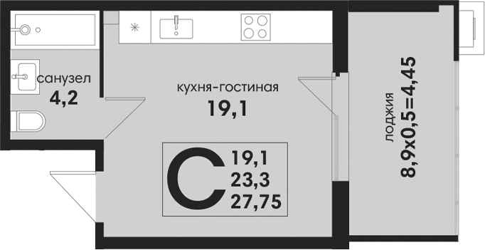 Студия, 23.3 м², 1/4 этаж, ЖК «Новая Елизаветка»