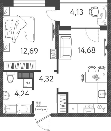 2-комн., 35.93 м², 8/9 этаж, ЖК «Друзья»