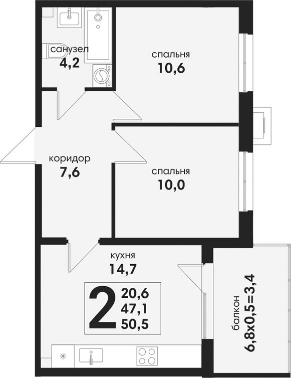 2-комн., 47.1 м², 1/4 этаж, ЖК «Новая Елизаветка»