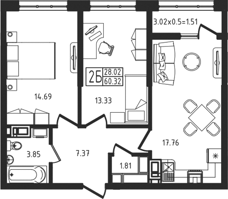 3-комн., 58.81 м², 9/9 этаж, ЖК «Яблоневый»