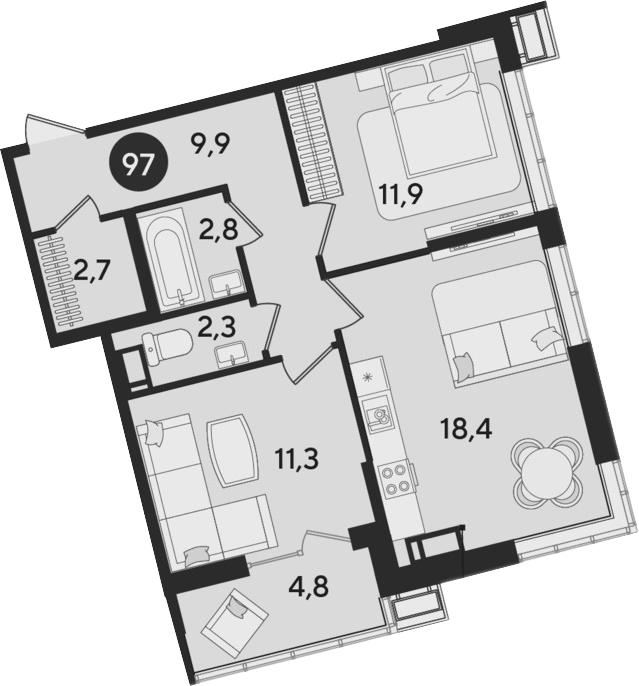 3-комн., 59.3 м², 15/16 этаж, ЖК «Парк Победы»