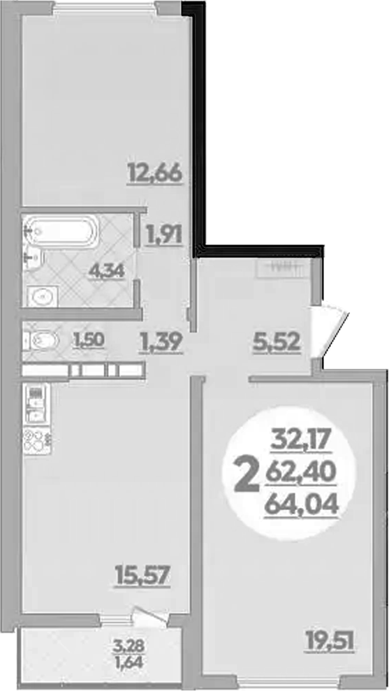 Продается 2-комн. квартира, 62.4 м²