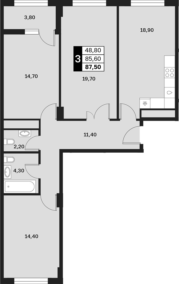 3-комн., 85.6 м², 5/14 этаж, ЖК «Аксис Патриот»