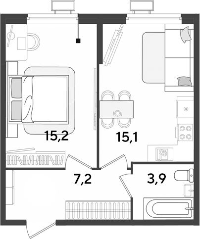 2-комн., 41.4 м², 2/9 этаж, ЖК «Парк Победы»