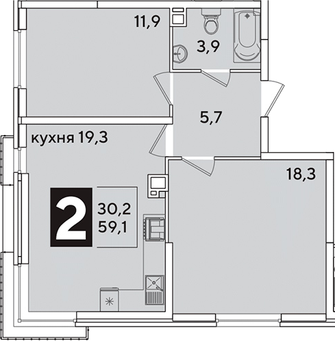 3-комн., 59.1 м², 6/16 этаж, ЖК «Самолет»