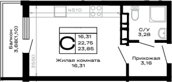 Студия, 22.75 м², 2/16 этаж, ЖК «Горные высоты»