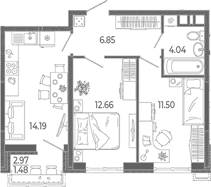 2-комн., 49.24 м², 14/21 этаж, ЖК «Эстет»
