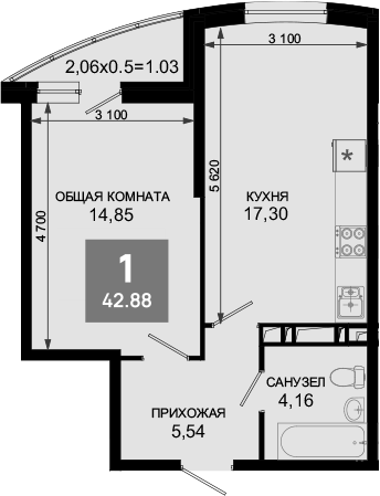 2-комн., 41.85 м², 19/19 этаж, ЖК «Лучший»