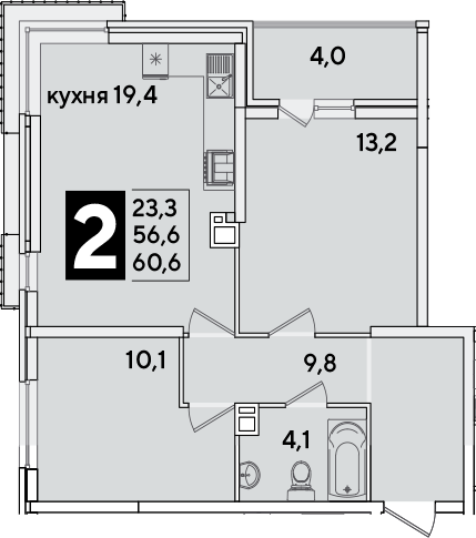 3-комн., 56.6 м², 2/16 этаж, ЖК «Самолет»