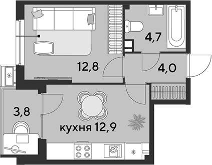 1-комн., 34.4 м², 2/18 этаж, ЖК «Парк Победы»