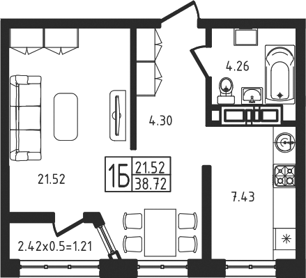 1-комн., 37.51 м², 1/9 этаж, ЖК «Яблоневый»