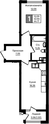1-комн., 42.64 м², 2/18 этаж, ЖК «Резиденция морей»