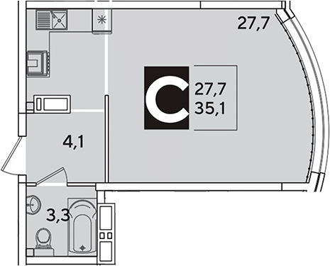 Студия, 35.1 м², 11/16 этаж, ЖК «Самолет»