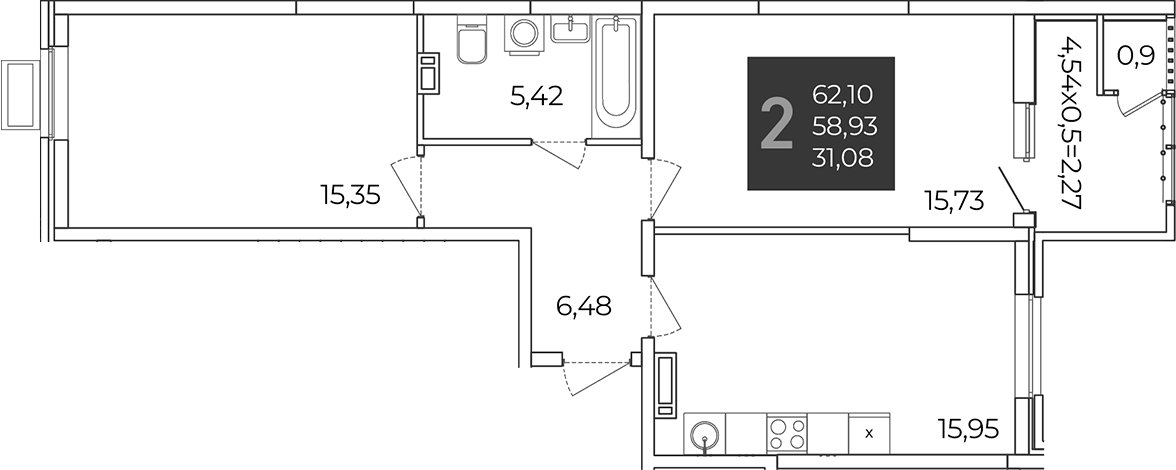 2-комн., 58.97 м², 12/21 этаж, ЖК «Образцово»