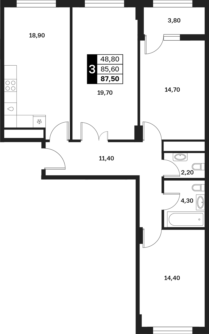 3-комн., 85.6 м², 5/14 этаж, ЖК «Аксис Патриот»