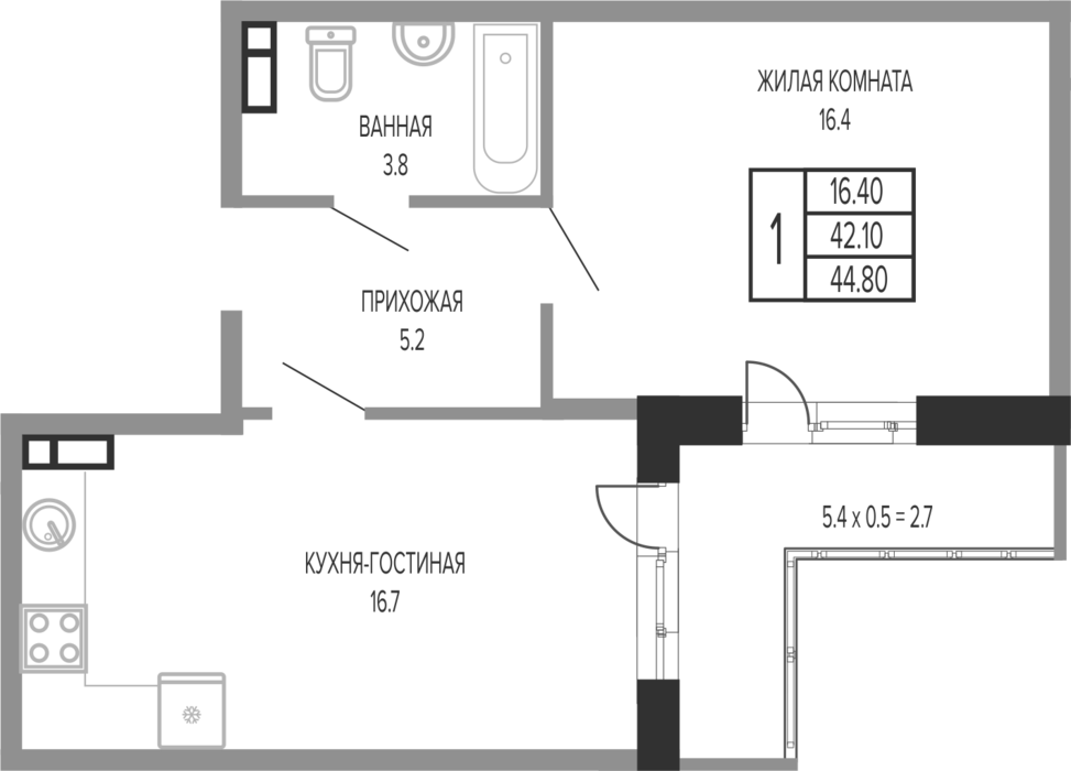2-комн., 42.1 м², 7/17 этаж, ЖК «Екатерининский парк»