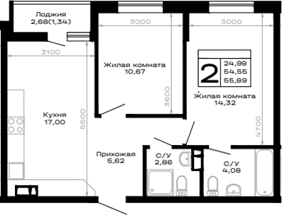 2-комн., 54.55 м², 16/16 этаж, ЖК «Горные высоты»
