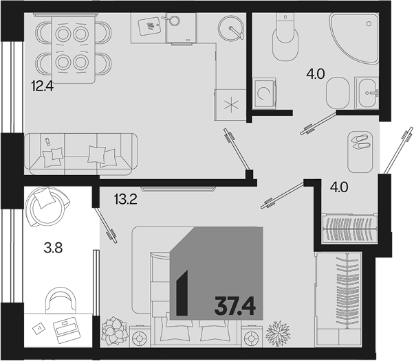 1-комн., 33.6 м², 2/9 этаж, ЖК «Первое место»