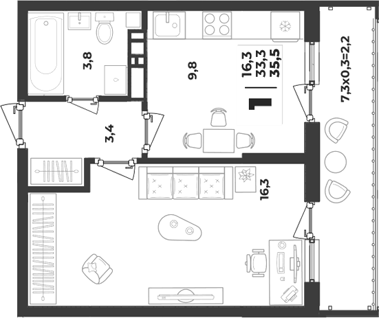 1-комн., 33.3 м², 3/9 этаж, ЖК «Лето»