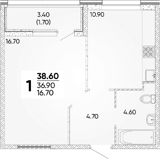 1-комн., 36.9 м², 2/9 этаж, ЖК «Архитектор. ГК ЮгСтройИнвест»