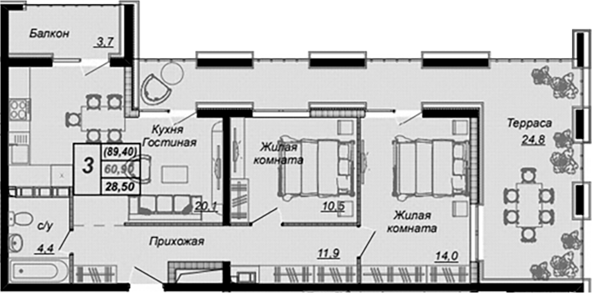 2-комн., 60.9 м², 15/16 этаж, ЖК «Чайные Холмы»