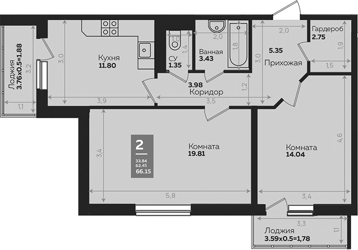 2-комн., 62.56 м², 21/24 этаж, ЖК «Левада»