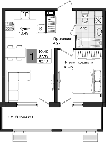 1-комн., 37.33 м², 4/8 этаж, ЖК «МОНО квартал»