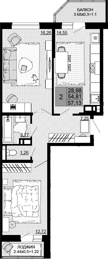 2-комн., 54.81 м², 8/12 этаж, ЖК «Дружба»